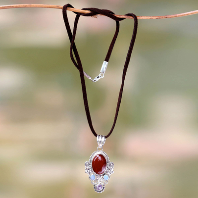 Carnelian and opal pendant necklace, 'Floral Paradise' - Carnelian Floral Necklace with Opal and Amethyst