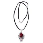 Carnelian and opal pendant necklace, 'Floral Paradise' - Carnelian Floral Necklace with Opal and Amethyst