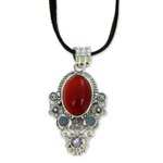 Carnelian and opal pendant necklace, 'Floral Paradise' - Carnelian Floral Necklace with Opal and Amethyst