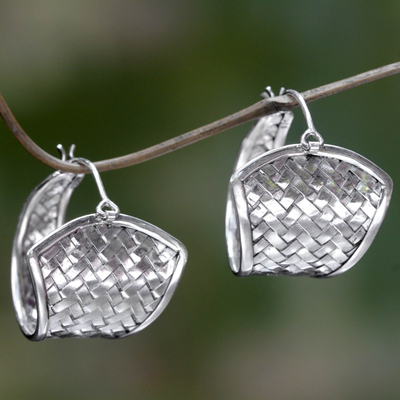 Sterling silver hoop earrings, 'Denpasar Weaving' - Hand Made Woven Silver Hoop Earrings