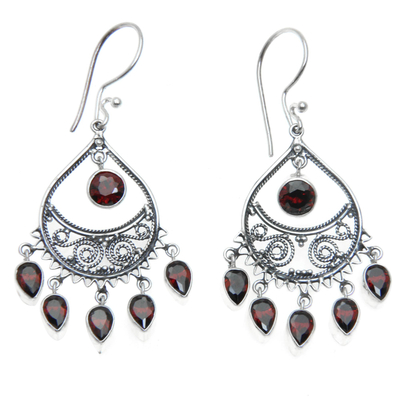 Garnet chandelier earrings, 'Tears of the Sun' - Artisan Crafted Garnet Chandelier Earrings