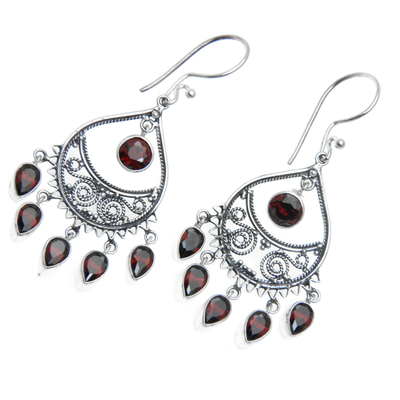 Garnet chandelier earrings, 'Tears of the Sun' - Artisan Crafted Garnet Chandelier Earrings