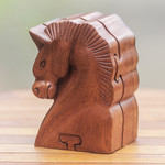 Wood puzzle box, 'Sumba Horse' - Hand Carved Balinese Wood Puzzle Box