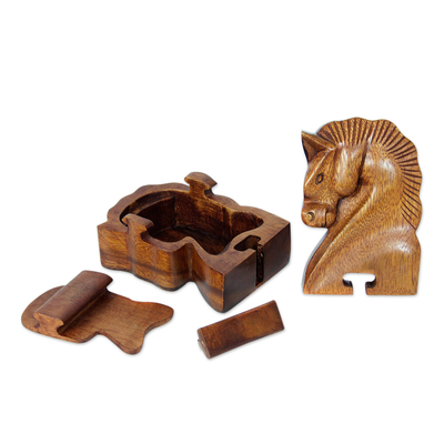 Wood puzzle box, 'Sumba Horse' - Hand Carved Balinese Wood Puzzle Box