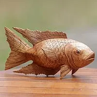 Hand-Carved Suar Wood Arowana Fish Sculpture from Bali - Asian