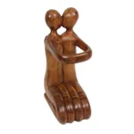 Wood wine bottle holder, 'Gift of Love' - Balinese Hand Carved Romantic Wine Bottle Holder