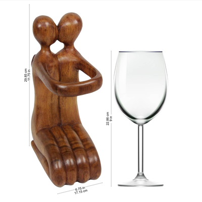 Wood wine bottle holder, 'Gift of Love' - Balinese Hand Carved Romantic Wine Bottle Holder