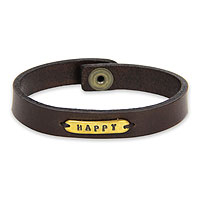 Leather wristband bracelet, 'Happy' - Handcrafted Leather and Brass Wristband Bracelet