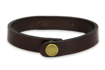 Leather wristband bracelet, 'Happy' - Handcrafted Leather and Brass Wristband Bracelet