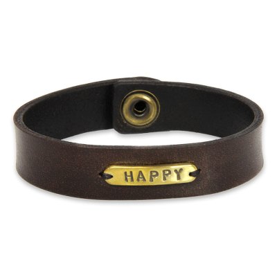 Men's leather wristband bracelet, 'Happy' - Men's Handcrafted Leather and Brass Wristband Bracelet