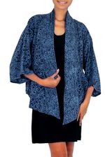 Batik kimono jacket, 'Indigo Garden' - Blue Javanese Batik Rayon Kimono Jacket