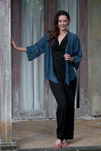 Batik kimono jacket, 'Indigo Garden' - Blue Javanese Batik Rayon Kimono Jacket
