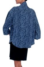 Batik kimono jacket, 'Indigo Garden' - Blue Javanese Batik Rayon Kimono Jacket