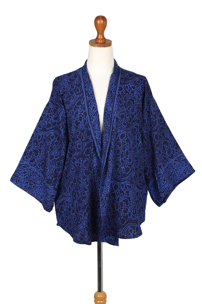 Batik kimono jacket, 'Indigo Garden' - Blue Javanese Batik Rayon Kimono Jacket