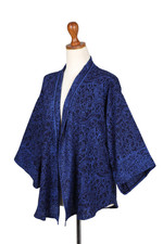 Batik kimono jacket, 'Indigo Garden' - Blue Javanese Batik Rayon Kimono Jacket