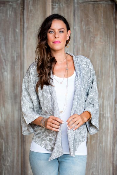 Batik jacket, 'Nebula' - Grey and Ivory Batik Rayon Jacket