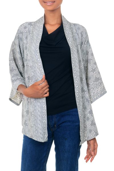 Batik jacket, 'Nebula' - Grey and Ivory Batik Rayon Jacket