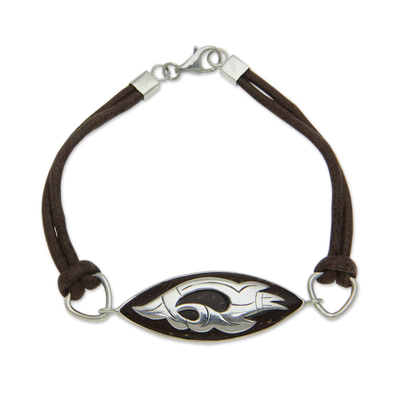 Coconut shell and sterling silver wristband bracelet, 'Wild Eagle' - Artisan Crafted Silver and Coconut Shell Bracelet
