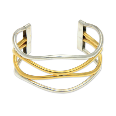 Gold accent cuff bracelet, 'Sunset Surf' - 18k Gold Accent Handcrafted Silver Bracelet
