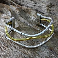 Gold accent cuff bracelet, 'Sunset Wave' - Handcrafted Silver Bracelet with 18k Gold Accents