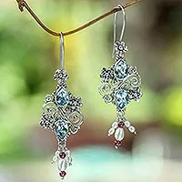 Cultured pearl and blue topaz dangle earrings, 'Floral Sonnet' - Blue Topaz with Pearl and Garnet Drop Earrings from Bali