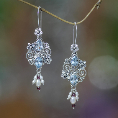 Cultured pearl and blue topaz dangle earrings, 'Floral Sonnet' - Balinese Cultured Pearl and Blue Topaz Earrings