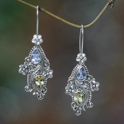 Blue topaz and citrine dangle earrings, 'Plumeria Dew' - Balinese Citrine and Blue Topaz Earrings