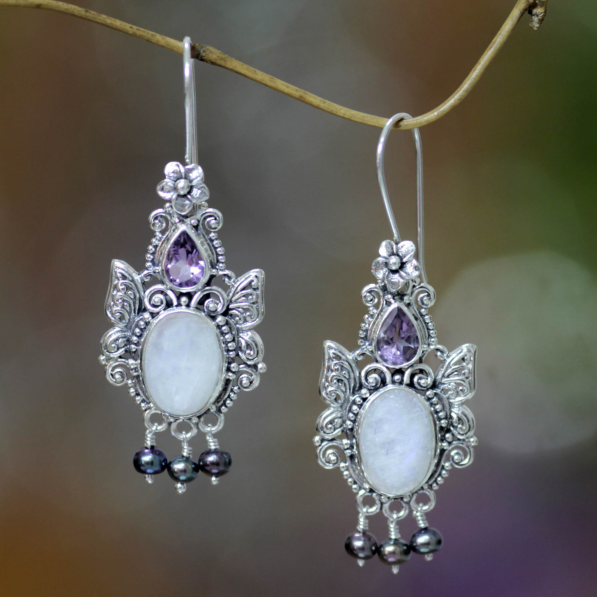 Balinese Cultured Pearl and Moonstone Amethyst Earrings - Sky Empress ...