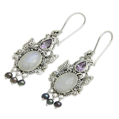 Rainbow moonstone dangle earrings, 'Sky Empress' - Balinese Cultured Pearl and Moonstone Amethyst Earrings