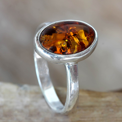 Amber single stone ring, 'Harmony Sunset' - Natural Amber on Sterling Silver Ring