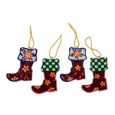 Wood ornaments, 'Christmas Stockings' (set of 4) - Colorful Wood Ornaments Handcrafted in Bali (set of 4)