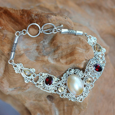 Cultured pearl and garnet filigree bracelet, 'Kintamani Lady' - Balinese Pearl and Gemstone Silver Lace Bracelet