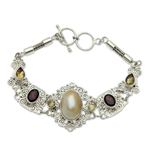 Cultured pearl and garnet filigree bracelet, 'Kintamani Lady' - Balinese Pearl and Gemstone Silver Lace Bracelet