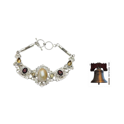 Cultured pearl and garnet filigree bracelet, 'Kintamani Lady' - Balinese Pearl and Gemstone Silver Lace Bracelet