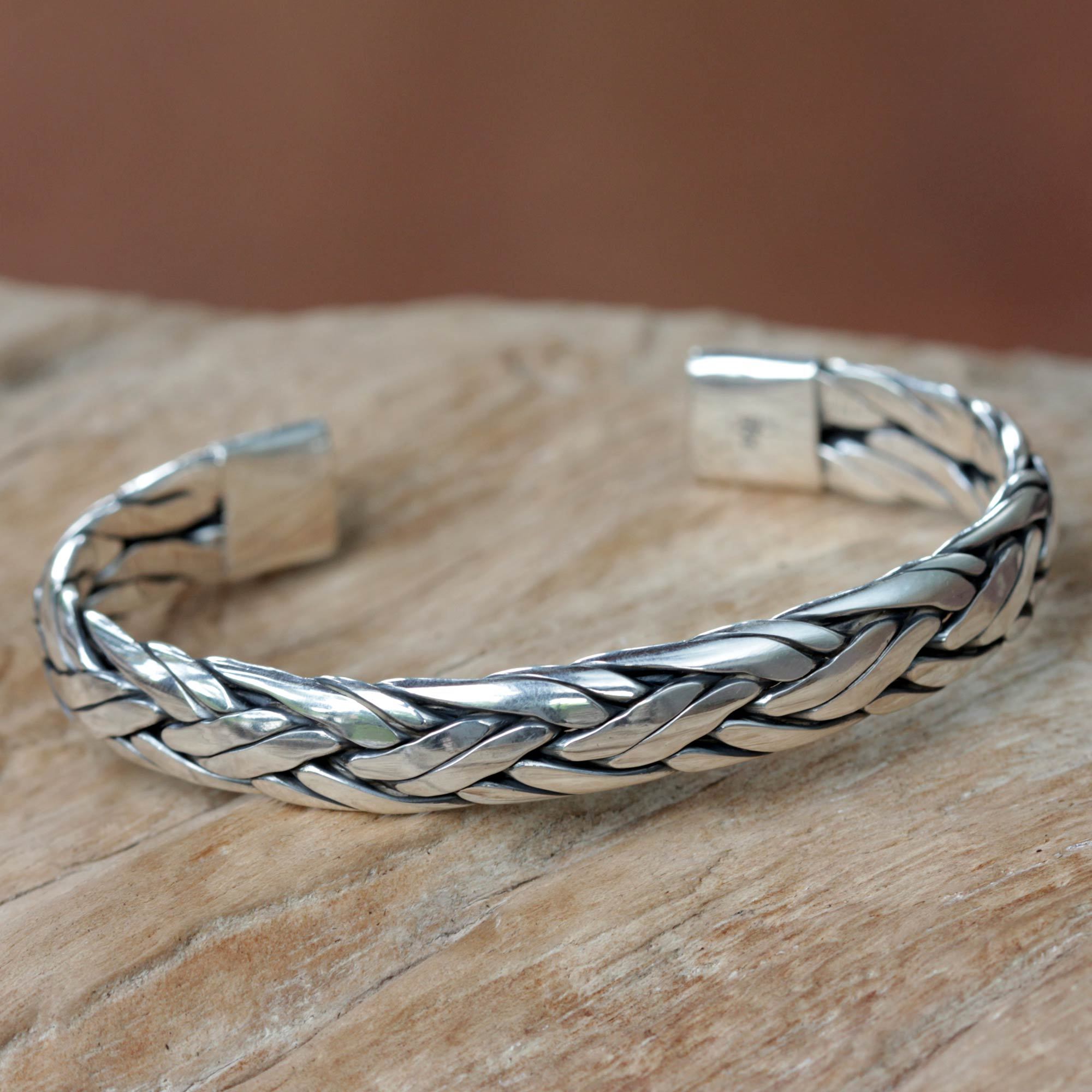 Braided Sterling Silver Cuff Bracelet from Bali Singaraja Weave NOVICA