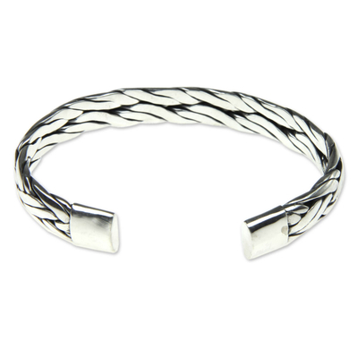 Braided Sterling Silver Cuff Bracelet from Bali - Singaraja Weave | NOVICA