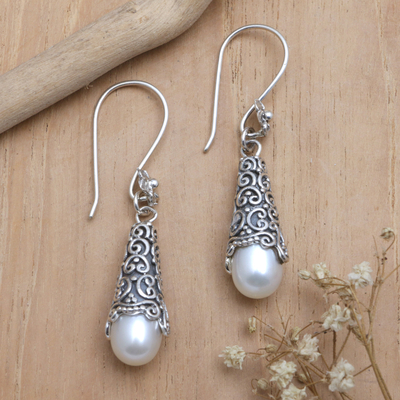 Cultured pearl dangle earrings, 'White Arabesque Dewdrop' - Sterling Silver and Cultured Pearl Dangle Earrings
