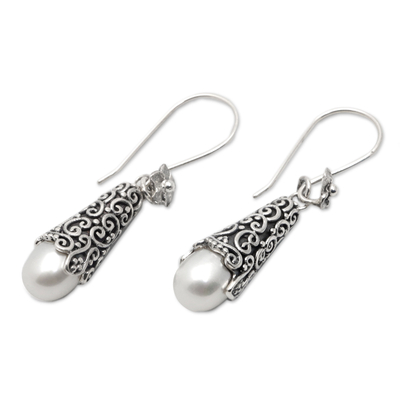 Cultured pearl earrings, 'Frangipani Dewdrops' - Sterling Silver and Cultured Pearl Dangle Earrings