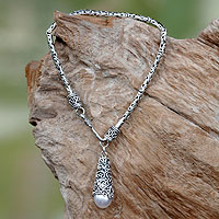 Cultured pearl charm bracelet, 'White Arabesque Dewdrop' - Cultured Pearl Charm Bracelet from Bali and Java