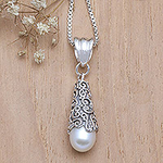 Sterling Silver and White Cultured Pearl Pendant Necklace, 'White Arabesque Dewdrop'