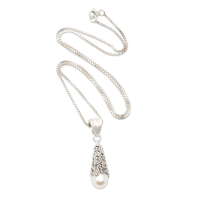 Cultured pearl pendant necklace, 'Frangipani Dewdrop' - Sterling Silver and White Cultured Pearl Pendant Necklace