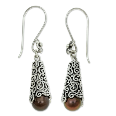 Cultured pearl dangle earrings, 'Brown Arabesque Dewdrops' - Sterling Silver and Brown Cultured Pearl Dangle Earrings