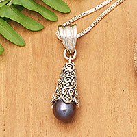 Cultured pearl pendant necklace, 'Brown Arabesque Dewdrop'