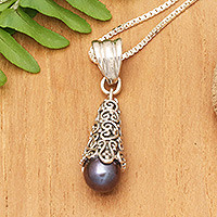 Cultured pearl pendant necklace, 'Brown Arabesque Dewdrop'