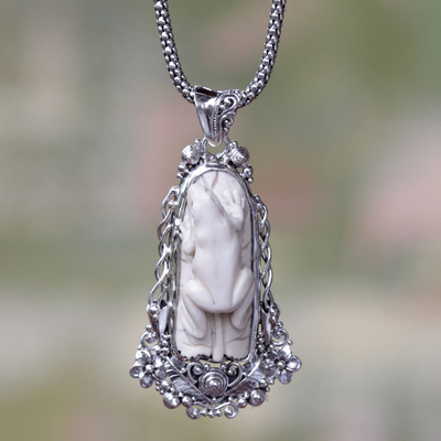 Sterling silver pendant necklace, 'White Tree Frog' - Artisan Made Sterling Silver Frog and Carved Bone Necklace