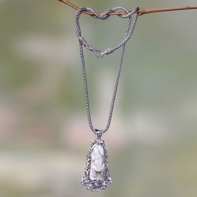 Sterling silver pendant necklace, 'White Tree Frog' - Artisan Made Sterling Silver Frog and Carved Bone Necklace