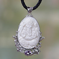 Amethyst pendant necklace, 'Balinese Lord Ganesha'