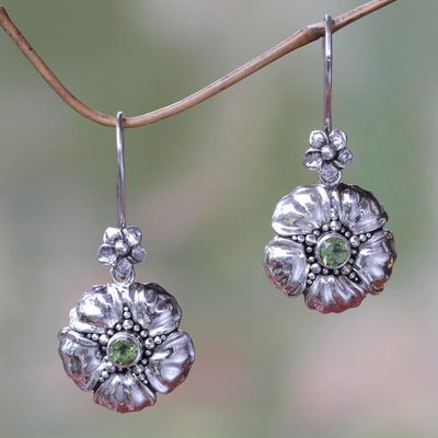 Peridot flower earrings, 'Hibiscus' - Handcrafted Balinese Peridot Flower Earrings