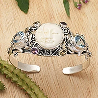 Pulsera de puño de topacio azul, 'Twin Sister' - Pulsera de puño de plata de topacio azul artesanal