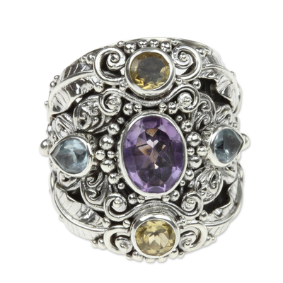 Amethyst and blue topaz cocktail ring, 'Butterfly Queen' - Balinese Amethyst and Blue Topaz Silver Cocktail Ring